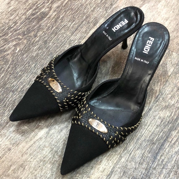 Vintage FENDI Selleria Series Logo Plate Mule Heels (rare) - Picture 1 of 11